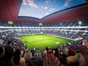 This computer image shows an artist's impression of soccer fans in Qatar's Al Bayt Stadium. The 2022 World Cup will be played in Qatar.