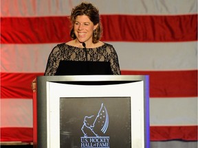 Karyn Bye-Dietz makes speech after being inducted into the U.S. Hockey Hall of Fame on Dec. 4, 2014 in Minneapolis, Minn.