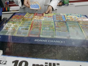 Lottery tickets are displayed at a store in Montreal.