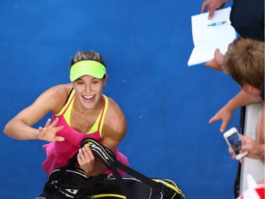 Eugenie Bouchard of Canada celebrates winning her second round match against Kiki Bertens of the Netherlands during day three of the 2015 Australian Open at Melbourne Park on January 21, 2015 in Melbourne, Australia.