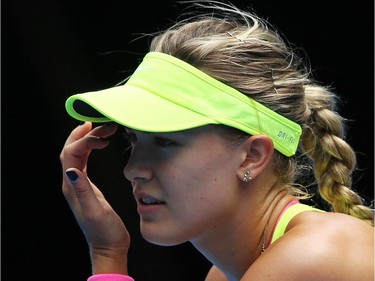 Eugenie Bouchard of Canada looks on in her quarterfinal match against Maria Sharapova of Russia during day nine of the 2015 Australian Open at Melbourne Park on January 27, 2015 in Melbourne, Australia.