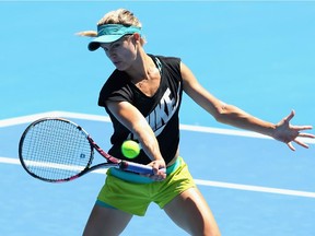 Westmount's Eugenie Bouchard hits a forehand volley during a practice session ahead of the Australian Open at Melbourne Park on Jan. 12, 2015.