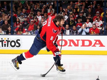 Alex Ovechkin of the Washington Capitals and Team Foligno takes a shot during the AMP NHL Hardest Shot event of the 2015 Honda NHL All-Star Skills Competition at Nationwide Arena on January 24, 2015, in Columbus, Ohio.