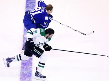 Tyler Seguin of the Dallas Stars and Team Toews competes against Phil Kessel of the Toronto Maple Leafs and Team Foligno during the Bridgestone NHL Fastest Skater event of the 2015 Honda NHL All-Star Skills Competition at Nationwide Arena on January 24, 2015, in Columbus, Ohio.