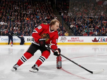 Patrick Kane of the Chicago Blackhawks and Team Foligno competes during the Gatorade NHL Skills Challenge Relay event of the 2015 Honda NHL All-Star Skills Competition at Nationwide Arena on January 24, 2015, in Columbus, Ohio.