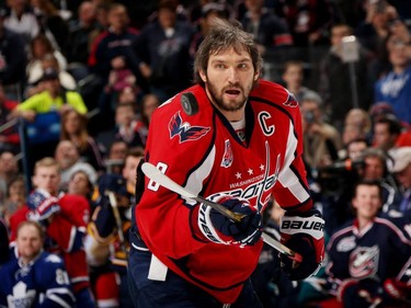 Alex Ovechkin of the Washington Capitals and Team Foligno competes during the breakaway challenge event of the All-Star Skills Competition at Nationwide Arena on Jan. 24, 2015, in Columbus, Ohio.