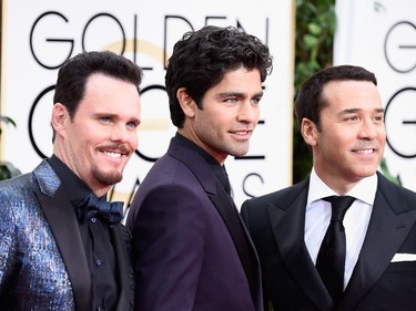 (L-R) Actors Kevin Dillon, Adrian Grenier and Jeremy Piven attend the 72nd Annual Golden Globe Awards at The Beverly Hilton Hotel on January 11, 2015 in Beverly Hills, California.