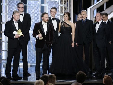 In this handout photo provided by NBCUniversal, Noah Hawley, accepts the award for  Best Mini-Series or TV Movie for  "Fargo" onstage during the 72nd Annual Golden Globe Awards at The Beverly Hilton Hotel on January 11, 2015 in Beverly Hills, California.