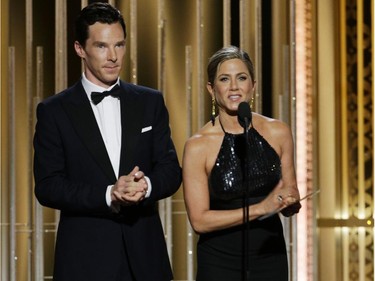 In this handout photo provided by NBCUniversal, Presenters Benedict Cumberbatch and  Jennifer Aniston speak onstage during the 72nd Annual Golden Globe Awards at The Beverly Hilton Hotel on January 11, 2015 in Beverly Hills, California.