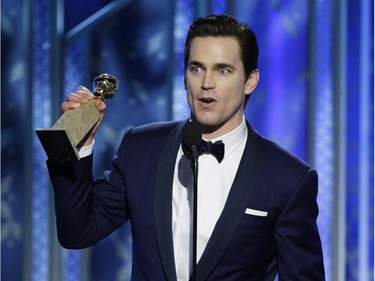 In this handout photo provided by NBCUniversal,  Matt Bomer, Winner of Best Supporting Actor - Series/Mini-Series/TV Movie for  "The Normal Heart", speaks onstage during the 72nd Annual Golden Globe Awards at The Beverly Hilton Hotel on January 11, 2015 in Beverly Hills, California.