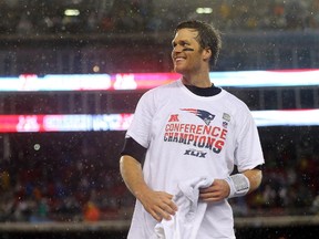New England Patriots QB Tom Brady celebrates after defeating the Indianapolis Colts in the 2015 AFC Championship Game at Gillette Stadium on Jan. 18, 2015 in Foxboro, Massachusetts. The Patriots defeated the Colts 45-7.