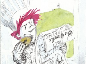An original pen-and-ink sketch, in part, of boy chef Neil Flambé sent to the Montreal Gazette's book reviewer with an advance reading copy of Neil Flambé and the Bard's Banquet, by Kevin Sylvester.