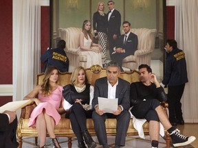 Annie Murphy, Catherine O'Hara, Eugene Levy and Dan Levy in a scene from Schitt's Creek.