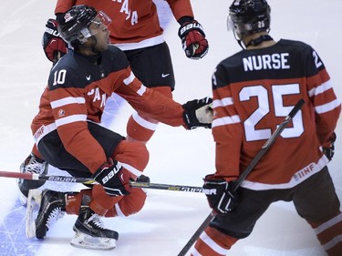 Team Canada's Anthony Duclair celebrate his goal against Team Russia next to teammate Darnell Nurse during first period gold medal game hockey action at the IIHF World Junior Championship in Toronto on Monday, Jan. 5, 2015.