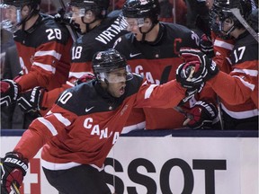 Team Canada's Anthony Duclair (of Pointe-Claire, Qc) celebrates his goal against Team Russia during first period gold medal game hockey action at the IIHF World Junior Championship in Toronto on Monday, Jan. 5, 2015.