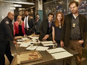 The new series Backstrom centres on Det. Everett Backstrom (Rainn Wilson), an unhealthy, offensive, irascible albeit brilliant detective who is brought back from exile to run the Portland Police's Special Crimes Unit. From left:  Page Kennedy, Beatrice Rosen, Dennis Haysbert, Thomas Dekker, Kristoffer Polaha, Genevieve Angelson and Rainn Wilson.