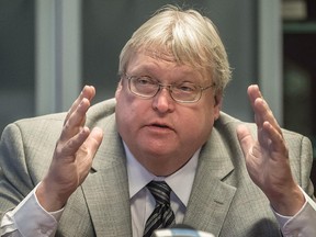 Quebec Health Minister Gaétan Barrette speaks to Montreal Gazette journalists at the Montreal Gazette offices in Montreal on Monday, Nov. 17, 2014.