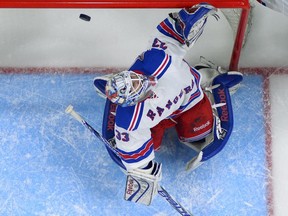 New York Rangers goalie Cam Talbot watches puck go over his head during game against the Kings on Jan. 8, 2015 in Los Angeles.