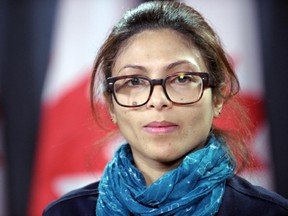 Ensaf Haidar, the wife of the Saudi Blogger Raif Badawi, holds a press conference in Ottawa, Ontario, on January 29, 2015 asking Canadian Prime minister Stephen Harper to plead on Saudi Arabia to free her husband. Raif Badawi was flogged in public January 9, 2015 near a mosque in the Red Sea city of Jeddah, receiving 50 lashes for "insulting Islam". In September, a Saudi court upheld a sentence of 10 years in prison and 1,000 lashes for Badawi, and he is expected to have 20 weekly whipping sessions until his punishment is complete.