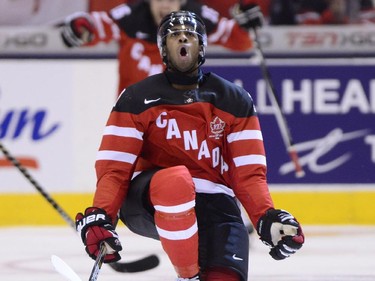 Canada's Anthony Duclair celebrates his first period goal against Russia during gold medal game hockey action at the IIHF World Junior Championship in Toronto on Monday, Jan. 5, 2015.