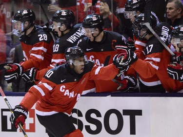 Canada's Anthony Duclair celebrates his first period goal against Russia during gold medal game hockey action at the IIHF World Junior Championship in Toronto on Monday, Jan. 5, 2015.
