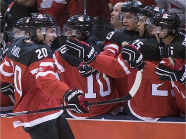 Canada's Nick Paul celebrates his first period goal against Russia during gold medal game hockey action at the IIHF World Junior Championship in Toronto on Monday, Jan. 5, 2015.