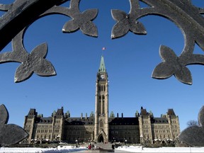 Centre Block is shown through the gates of Parliament Hill.