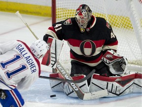 Montreal Canadiens right wing Brendan Gallagher tries to score on Ottawa Senators goalie Craig Anderson during third- period action Thursday, Jan. 15, 2015, in Ottawa.
