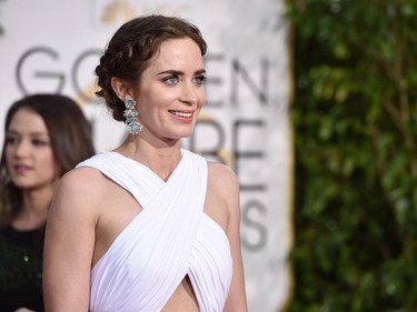 Emily Blunt arrives at the 72nd annual Golden Globe Awards at the Beverly Hilton Hotel on Sunday, Jan. 11, 2015, in Beverly Hills, Calif.
