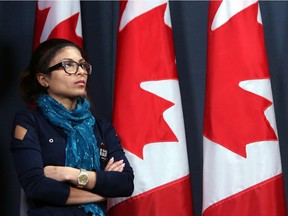 Ensaf Haidar, wife of jailed Saudi blogger Raif Badawi who has been flogged by Saudi authorities, takes part in a news conference in Ottawa on Thursday, Jan. 29, 2015.