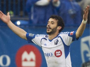 The Impact's Felipe Martins celebrates after scoring against the Philadelphia Union during MLS action on April 26, 2014.
