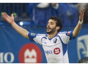 Montreal Impact's Felipe Martins celebrates after scoring against the Philadelphia Union during first half MLS soccer action in Montreal, Saturday, April 26, 2014.