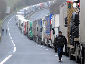 Truck drivers block traffic in France, Jan. 28, 2015. Striking drivers demanding more money are blocking oil depots.