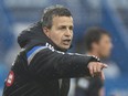 Impact coach Frank Klopas reacts on the sideline during MLS game against the Philadelphia Union at Montreal's Saputo Stadium on April 26, 2014.