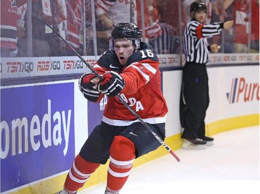 Max Domi (#16) of Team Canada celebrates a goal against Team Russia during the Gold medal game in the 2015 IIHF World Junior Hockey Championship at the Air Canada Centre on January 5, 2015 in Toronto, Ontario, Canada.