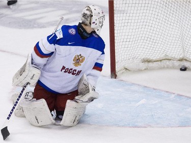 Russia goalie Ilya Sorokin looks back after being scored on by Canada during second period gold medal hockey action at the IIHF World Junior Championships in Toronto on Monday, January 5, 2015.