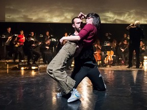 Karina Champoux and Philippe Boutin perform at Ensemble Caprice's 25th anniversary spectacle with Dave St-Pierre dance.