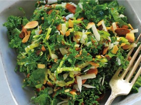 A lusty winter salad is made with kale and Brussels sprouts, and a dressing seasoned with garlic and honey.