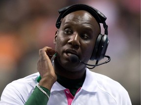 Edmonton Eskimos head coach Kavis Reed looks on from the sideline during CFL game against the B.C. Lions in Vancouver on Oct. 25, 2013.