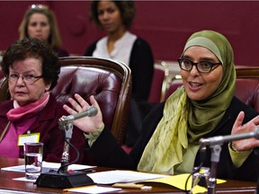 Samira Laouni and Marie-Andree Provencher testify on immigration during a parliamentary commission at the Quebec legislature, Wednesday, Jan.28, 2015.