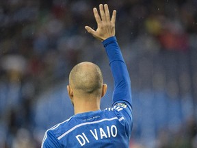 The Impact's Marco Di Vaio waves to fans following a ceremony before his final MLS game against D.C. United on Oct. 25, 2014 at Montreal's Saputo Stadium.