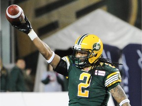 Eskimos receiver Fred Stamps celebrates after scoring a touchdown against the Alouettes during a CFL game at Edmonton's Commonwealth Stadium on Sept. 12, 2014 in Edmonton.