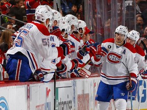 The Canadiens' Max Pacioretty is congratulated by teammates after scoring a goal against the Devils  at New Jersey's Prudential Center on Jan. 2, 2015.
