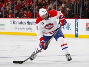The Canadiens' P.K. Subban takes a slapshot against the New Jersey Devils during game at the Prudential Center on Jan. 2, 2015 in Newark, N.J.