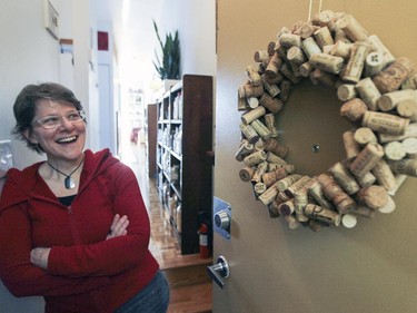 Alison Lush with the wreath made from wine corks on the door to her apartment in Montreal Wednesday, January 14, 2015.