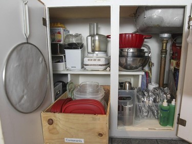 Well organized kitchen cupboard in Alison Lush's apartment.