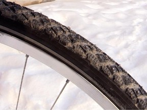 Studded tires for winter cycling.