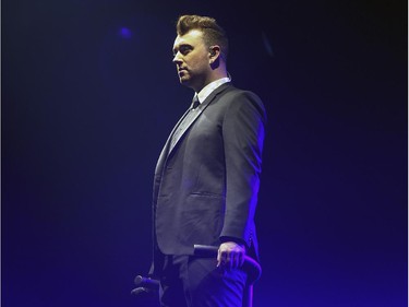 British singer Sam Smith is lowered to the stage on a platform at the start of his  concert at the Bell Centre in Montreal Monday January 19, 2015.