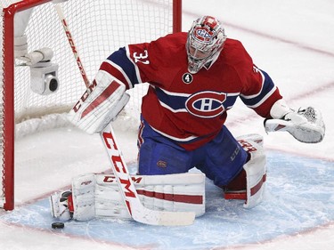 Montreal Canadiens goalie Carey Price sticks out a toe to make save against the  Nashville Predators during second period of National Hockey League game in Montreal Tuesday January 20, 2015.