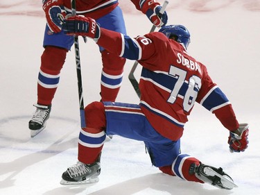 Montreal Canadiens P.K. Subban celebrates his game-winning goal during overtime with teammate Manny Malhotra during overtime of National Hockey League game against the Nashville Predators in Montreal Tuesday January 20, 2015.